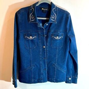CHRISTINE ALEXANDER Sz M Jacket Jean Denim Oversized Bling Studded Horse Design